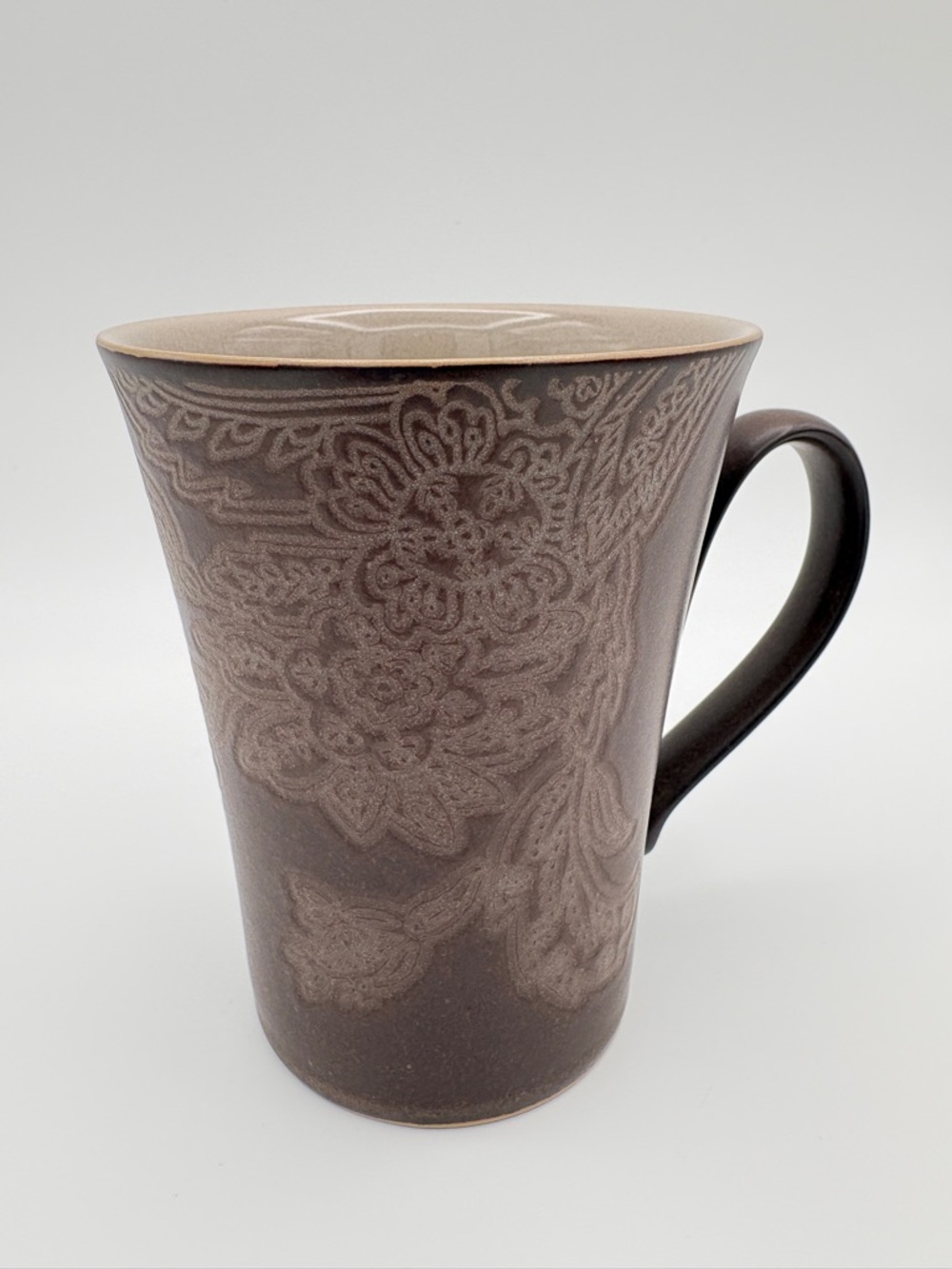 Denby England Brown Stoneware Mug Embossed Floral Flared Matte